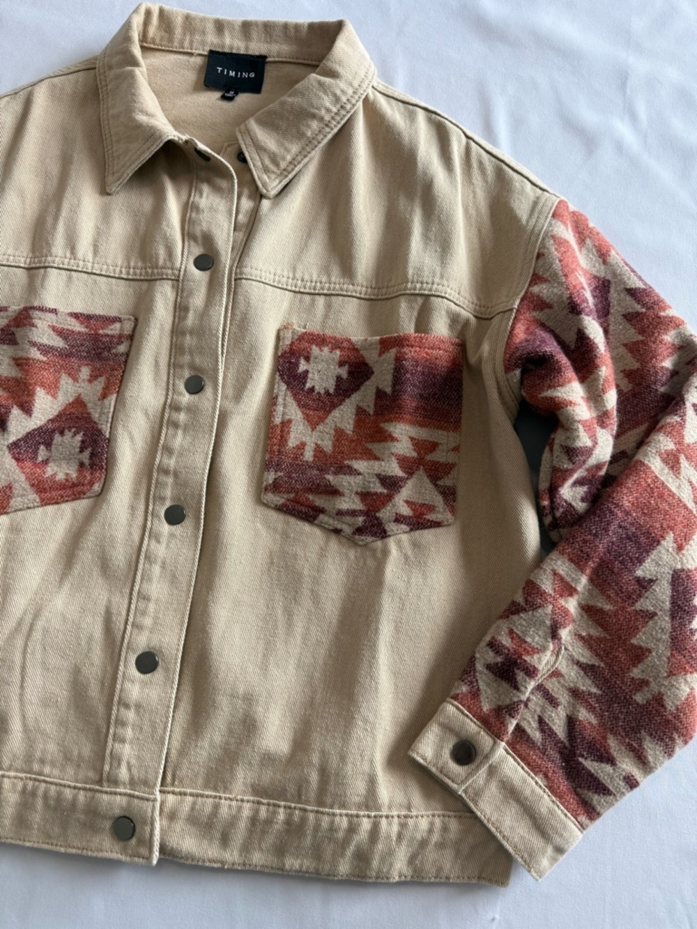 TIMING Tan Jacket with Rust Aztec Patterned Sleeves - Picture 5 of 10